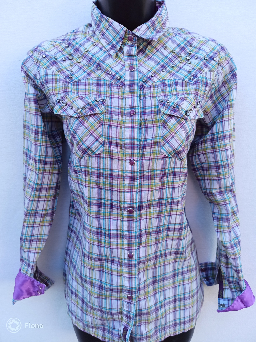 Plaid Snap-Front Western Shirt in Lavender and Green W Silk Lining & Back Print